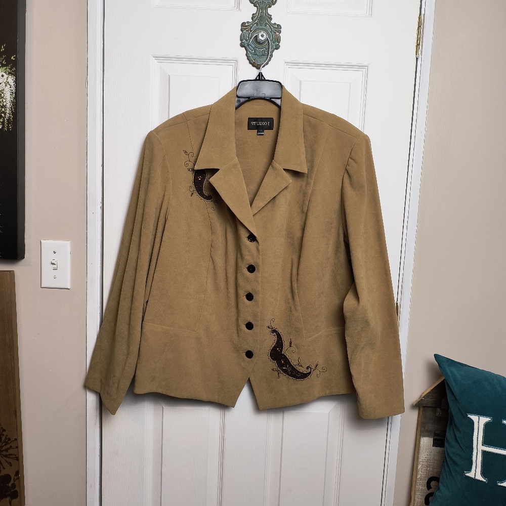 Studio 1 Brown Microfiber Soft Embroidered Peacock Blazer Size 24W